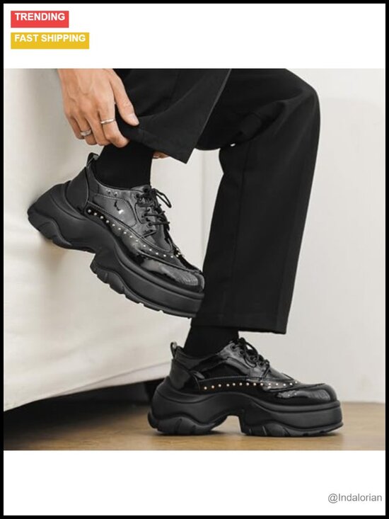 Men\'s Patent Leather Rivet Platform Motorcycle Boots Side Zipper Non Slip